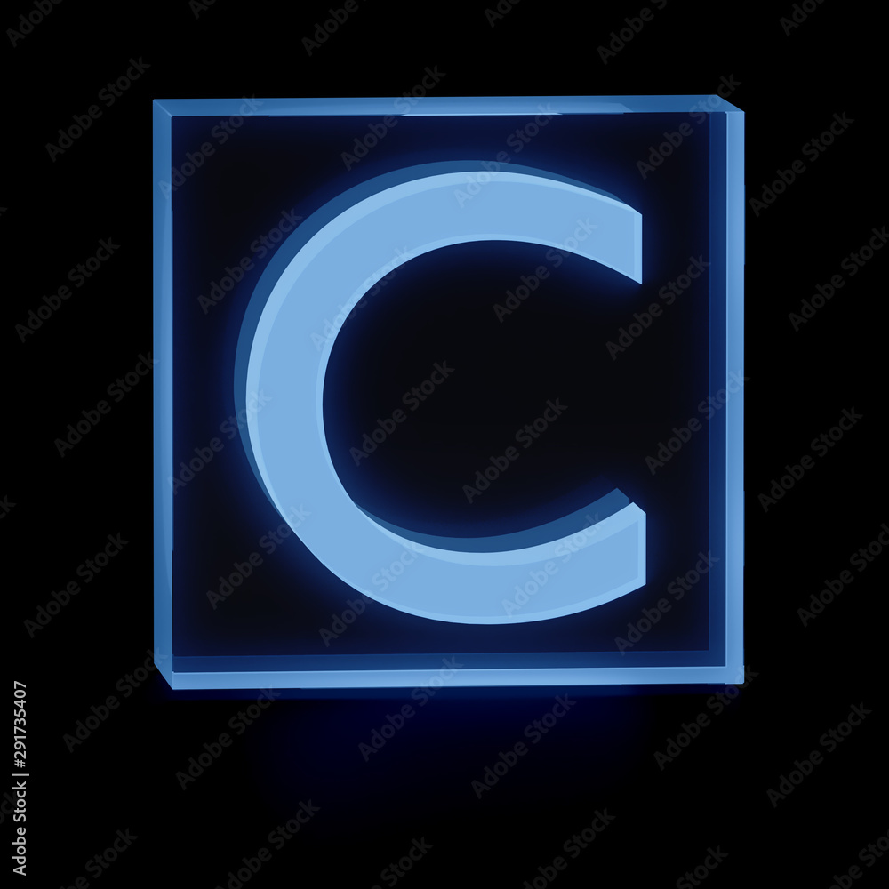 Clear transparent glass or plexiglass display with luminous capital letter C inside on dark background, 3D rendered image