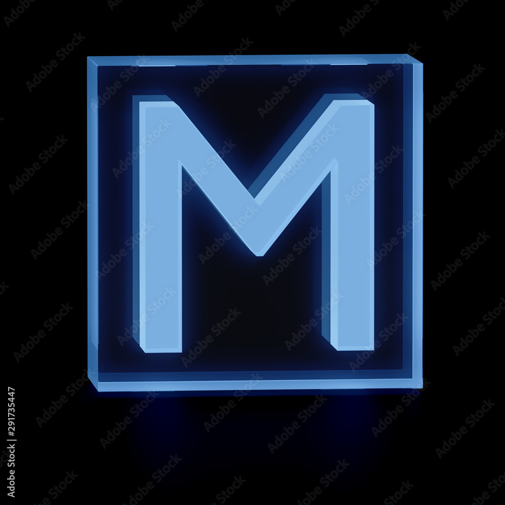 Clear transparent glass or plexiglass display with luminous capital letter M inside on dark background, 3D rendered image Clear transparent glass or plexiglass display with luminous capital letter M inside on dark background, 3D rendered image