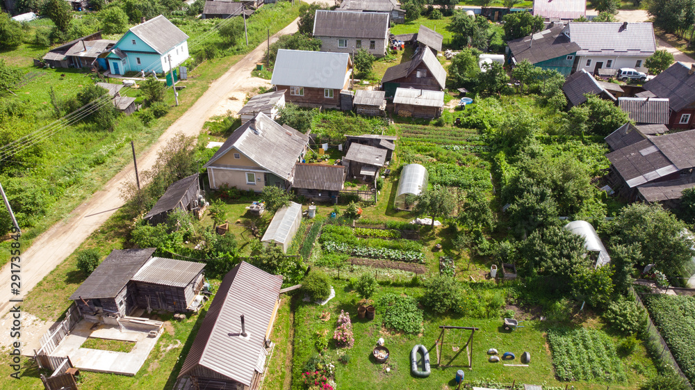 Aerial photography, view of the village from above, houses, streets, gardens