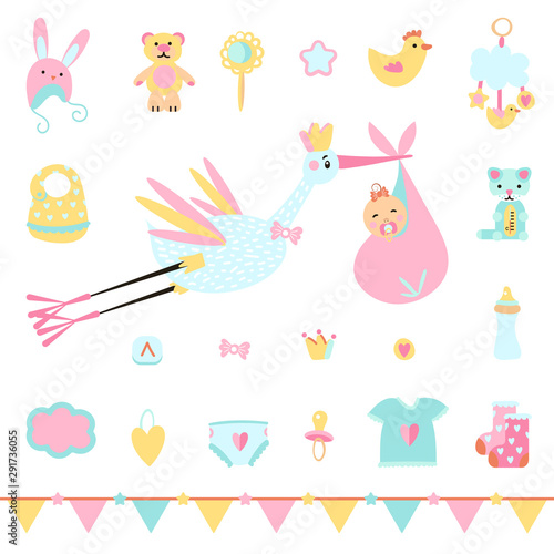 Icons of stork and girl for baby shower. Set of simple cartoon elements for birthday card.