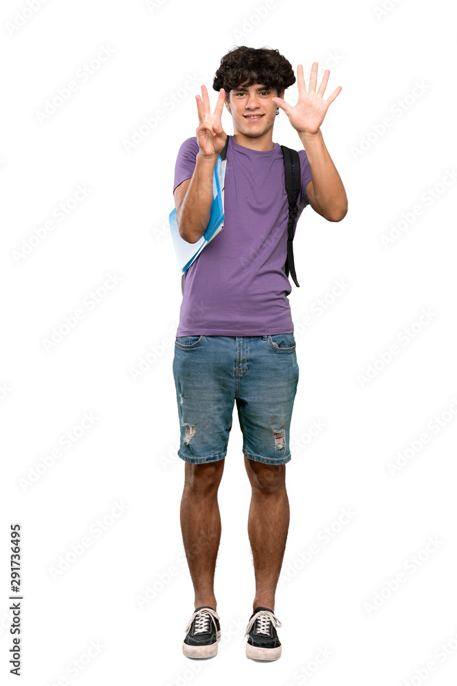 A full-length shot of a Young student man counting eight with fingers over isolated white background A full-length shot of a Young student man counting eight with fingers over isolated white background