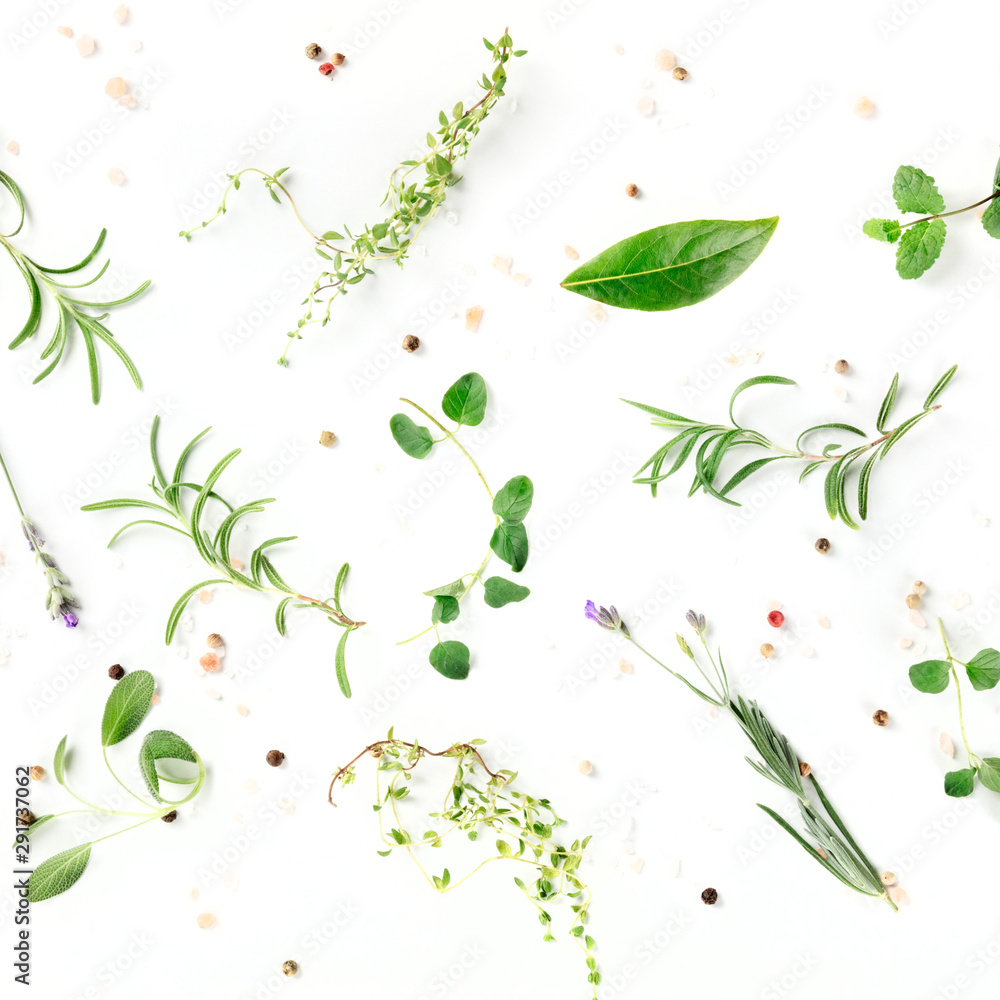 Culinary herbs and spices, overhead square shot on a white background, cooking pattern Culinary herbs and spices, overhead square shot on a white background, cooking pattern
