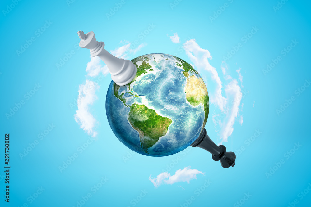 Naklejka premium 3d rendering of Earth in blue sky, with huge black and white chess kings on opposite sides of planet.
