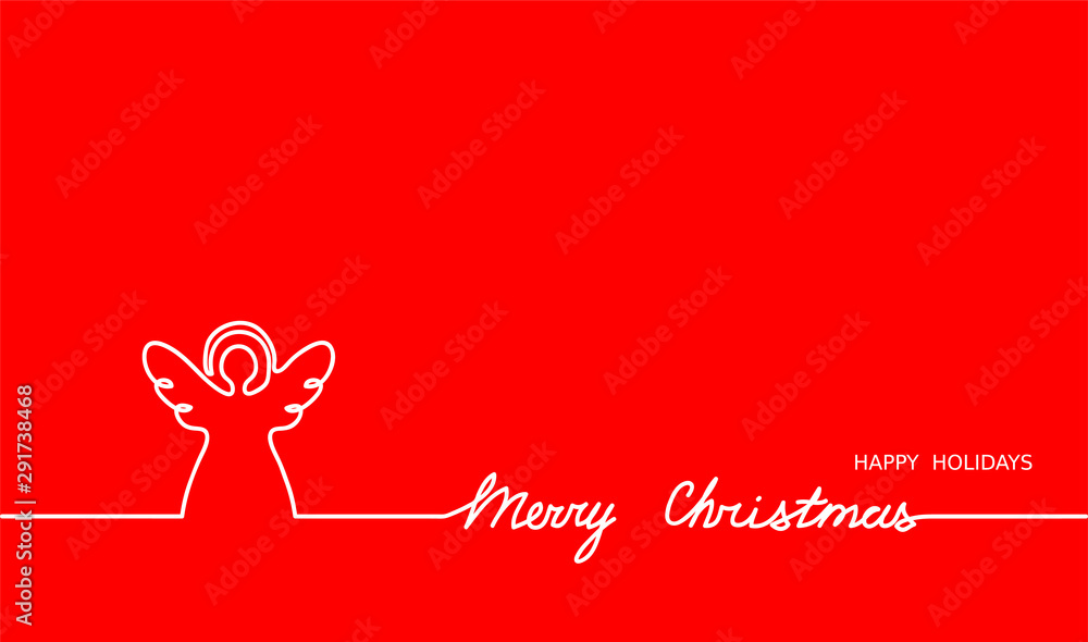 Angel simple contour and Merry Christmas text on red background. One continuous line vector drawing, banner, illustration Angel simple contour and Merry Christmas text on red background. One continuous line vector drawing, banner, illustration
