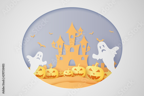 Halloween pumpkin  castle  ghost and graveyard  paper art style