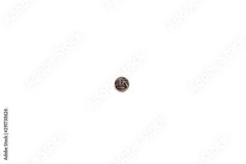 top view of one silver ruble isolated on white with copy space