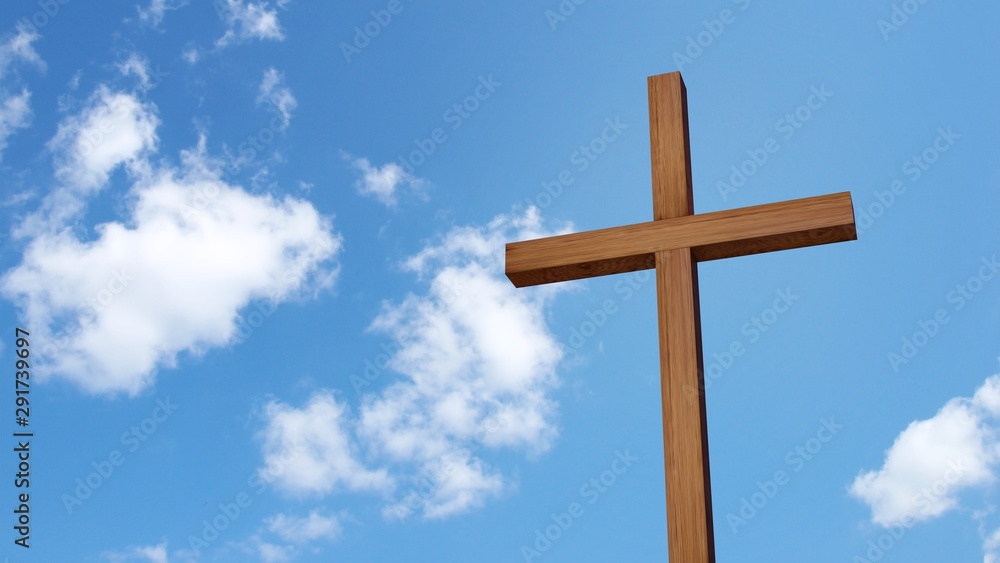 Wooden cross isolated on the blue sky. 3d illustration.