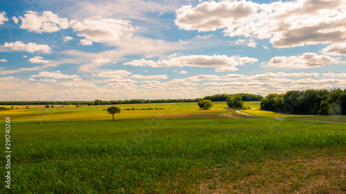 Landscape with green fields and clouds