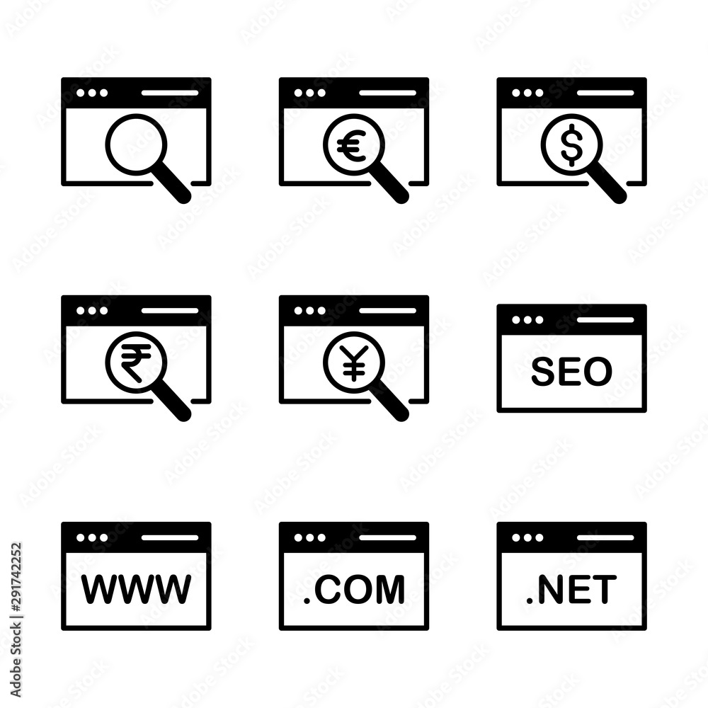 Web and seo icon set include seo, search, magnifier, web, euro, dollar, rupee, yen, optimization, browser, link, browsing, data Web and seo icon set include seo, search, magnifier, web, euro, dollar, rupee, yen, optimization, browser, link, browsing, data