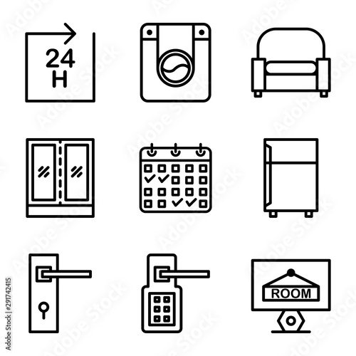 Hotel icon set include hotel, service, life time, support, laundry, dress washing, washing machine, armchair, sofa, furniture, seat, wardrobe, storage, clothes, booking, calendar, schedule, cooler