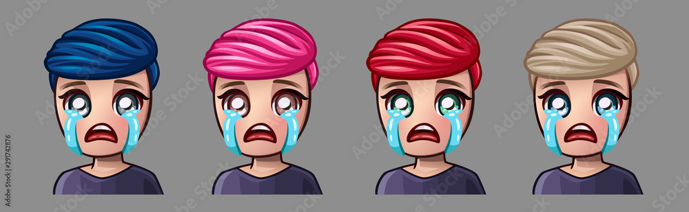 Emotion icons crying boy for social networks and stickers. Vector illustration