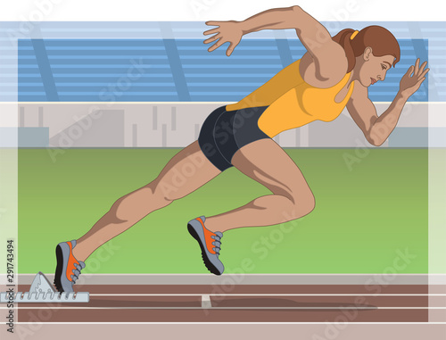 sprint runner, female, racing on track from starting position