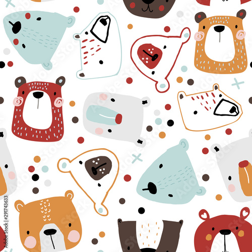 Seamless childish pattern with cute bear faces. Creative kids hand drawn texture for fabric, wrapping, textile, wallpaper, apparel. Vector illustration