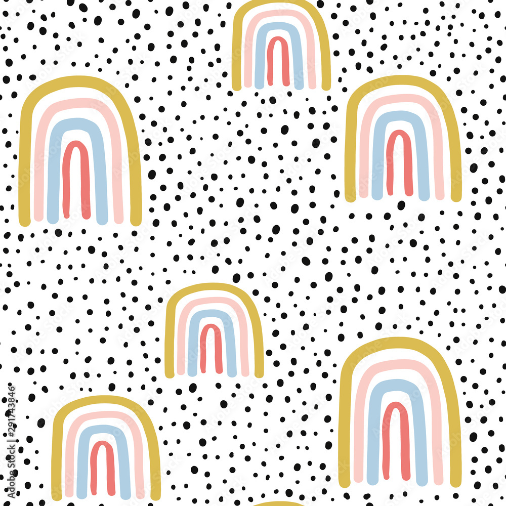 Obraz premium Childish seamless pattern with hand drawn rainbow and dots. Trendy kids vector background.