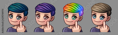 Emotion icons smiling boy with middle finger for social networks and stickers. Vector illustration