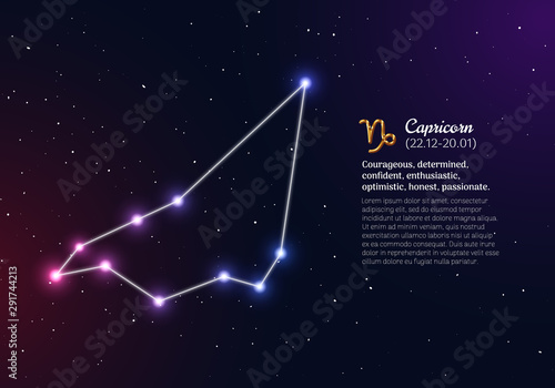 Capricorn zodiacal constellation with bright stars. Capricorn star sign and dates of birth on deep space background. Astrology horoscope with unique positive personality traits vector illustration.