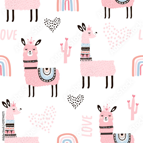 Seamless pattern with llama princess hearts, cactus and hand drawn elements. Creative childish texture. Great for fabric, textile Vector Illustration