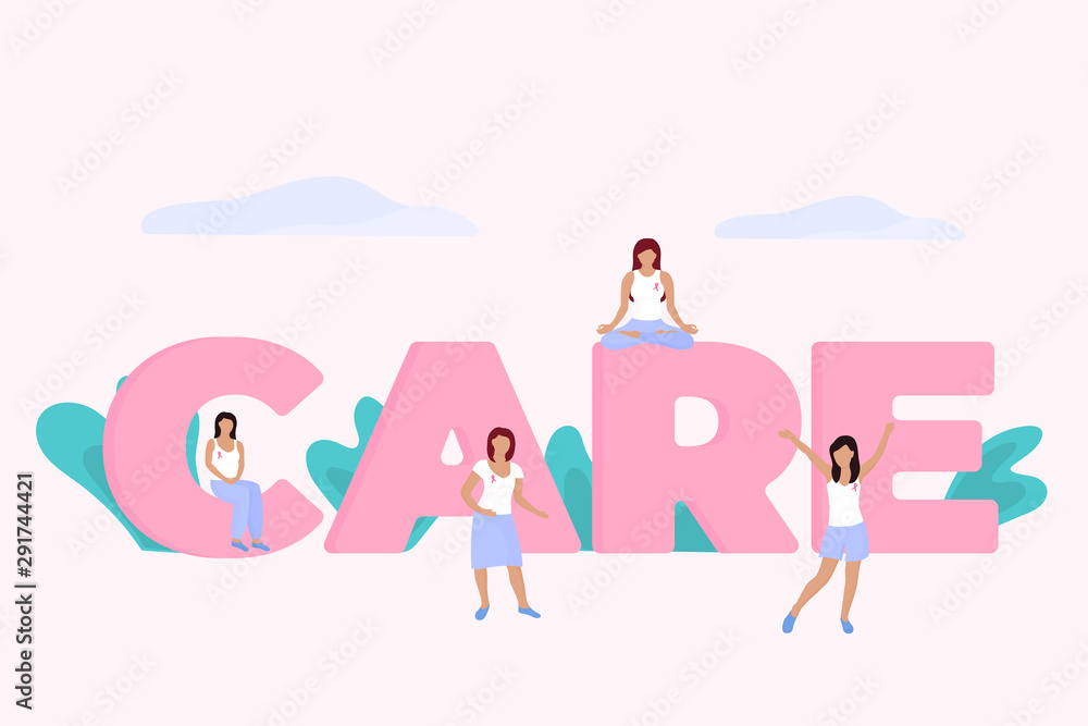 A group of Tiny women with a pink ribbon on their chest near a huge inscription Care. National Breast Cancer Awareness Month. A group of Tiny women with a pink ribbon on their chest near a huge inscription Care. National Breast Cancer Awareness Month.