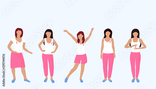 National Breast Cancer Awareness Month. A group of young women with a pink ribbon on their chest