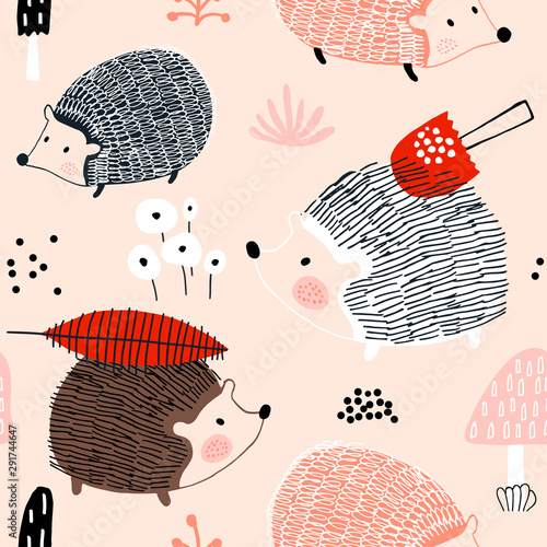 Seamless autumn pattern with hedgehogs and mushrooms. Creative scandinavian background. Perfect for kids apparel,fabric, textile, nursery decoration,wrapping paper.Vector Illustration