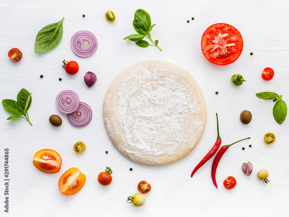 The ingredients for homemade pizza on white wooden background. - obrazy, fototapety, plakaty 
