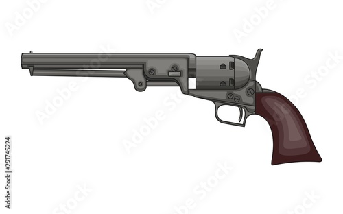 Revolver Pistol on white background. Vintage Colt Revolver Drawing