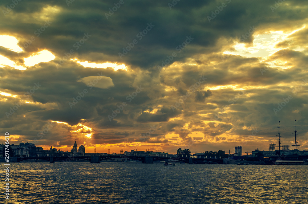Beautiful sunset in Saint Petersburg. View from Neva. Dramatic sunset
