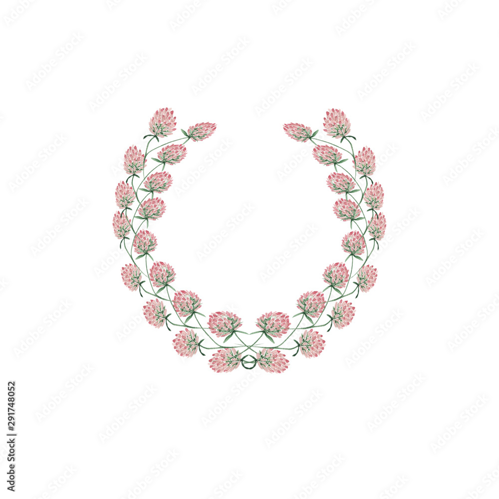 Watercolor illustration of a wreath with clover flowers painted by hand in watercolor paints and is perfect for all types of design and printing.