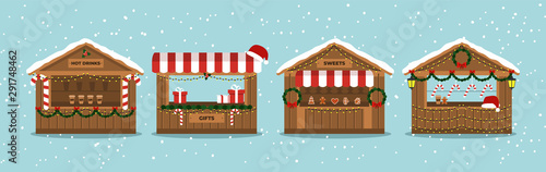 Christmas Market Stalls. Outdoor festival stand. Kiosks. Souvenir kiosk. Winter. Vector photo