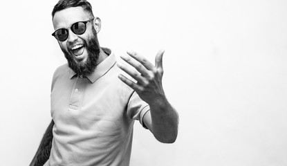 Crazy hipster guy emotions. Come to me! Discount, sale, season sales.