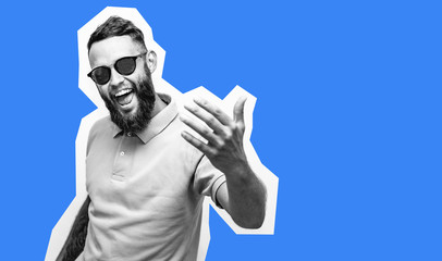 Crazy hipster guy emotions. Come to me! Discount, sale, season sales.