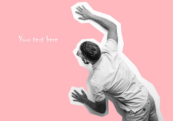 Hipster man pointing with fingers at your text. Crazy hipster guy emotions. Discount, sale, season sales.