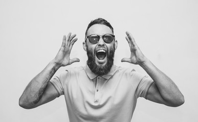 Crazy hipster guy emotions. Collage in magazine style with happy emotions. Discount, sale, season sales.