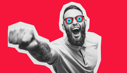 Crazy hipster guy emotions. Collage in magazine style with happy emotions. Discount, sale, season sales. Winner