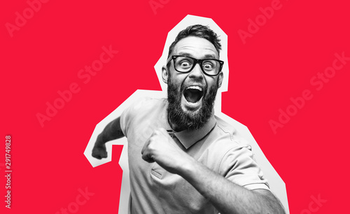 Crazy hipster guy emotions. Collage in magazine style with happy emotions. Discount, sale, season sales. Winner photo