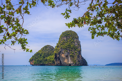 Limestone islands with beautiful blue sea at Railay beach, Krabi, Thailand.
