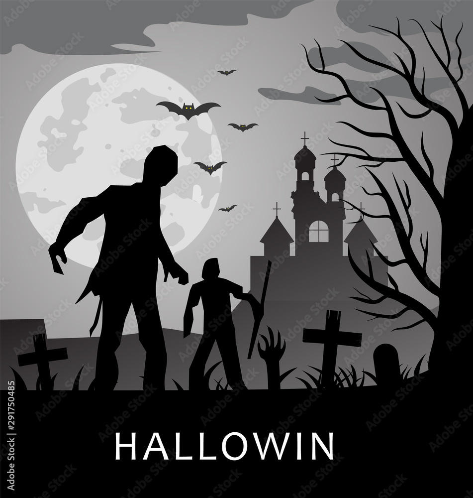 Obraz Halloween background with zombies, tombstones and the moon on the cemetery