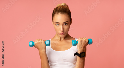 Motivated Woman Exercising With Dumbbells On Pink Background, Panorama © Prostock-studio