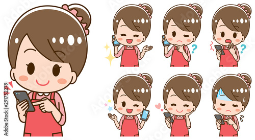 Set of illustrations where a housewife has a smartphone