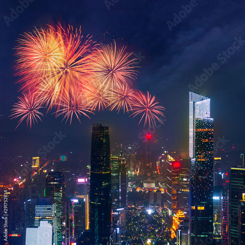 Celebration fireworks china nation day celebrate night in Guangzhou night cityscape with modern building of financial district and Zhujiang River  guangzhou  china