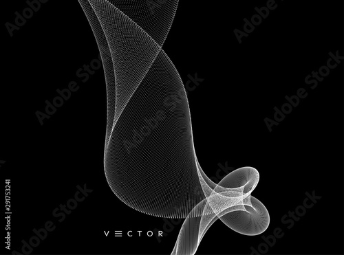 Stream of smoke consisting of small particles. Abstract grid design with dynamic particles. 3d vector illustration. 