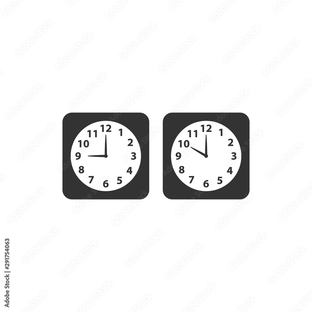Alarm analog clock black square vector icon set. Clock with nine and ten o clock. Alarm analog clock black square vector icon set. Clock with nine and ten o clock.