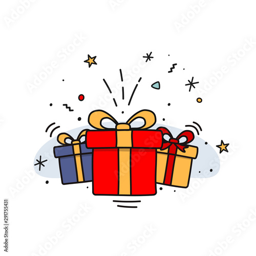 Hand drawn gifts with bows in cartoon style. Doodle gift box with different bows and confetti. Vector illustration on white background.