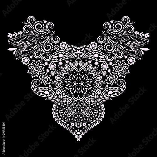 Neckline heart - ethnic design. Floral black and white lace pattern. Vector print with decorative elements for embroidery, for women's clothing.