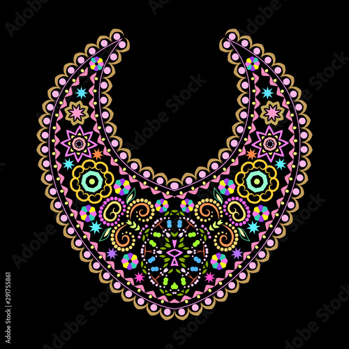 Neckline ethnic design. Floral colorful traditional pattern. Vector print with decorative elements and beads for embroidery, for women's clothing.