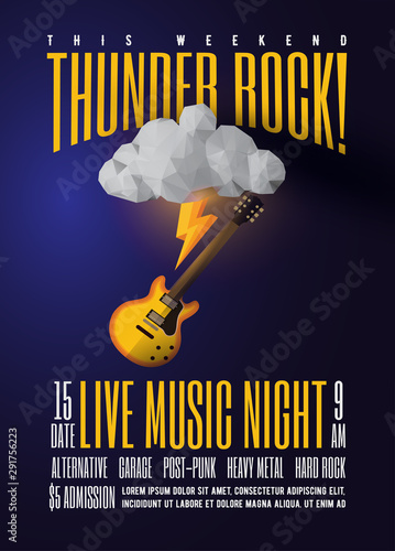 Live rock music party or concert or festival or jam session promo poster or flyer advertising template for your event. Vector illustration.