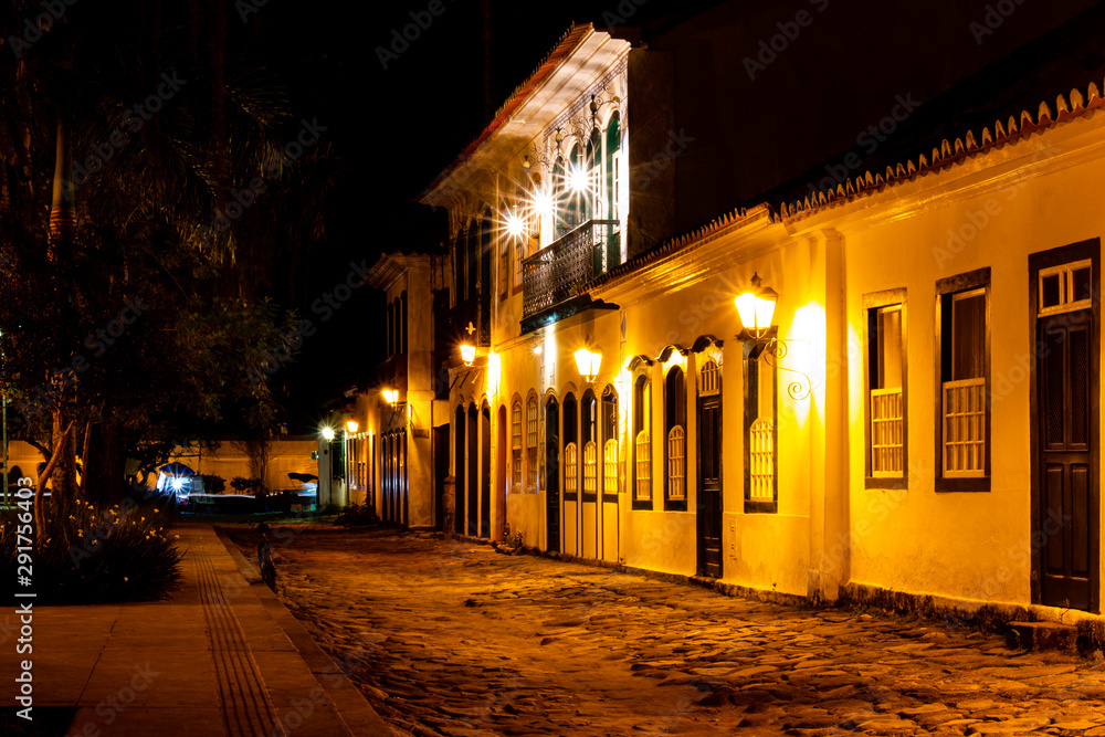 Streets at night in the center of Paraty, Rio de Janeiro, Brazil. Paraty is a preserved Portuguese colonial and Brazilian Imperial municipality