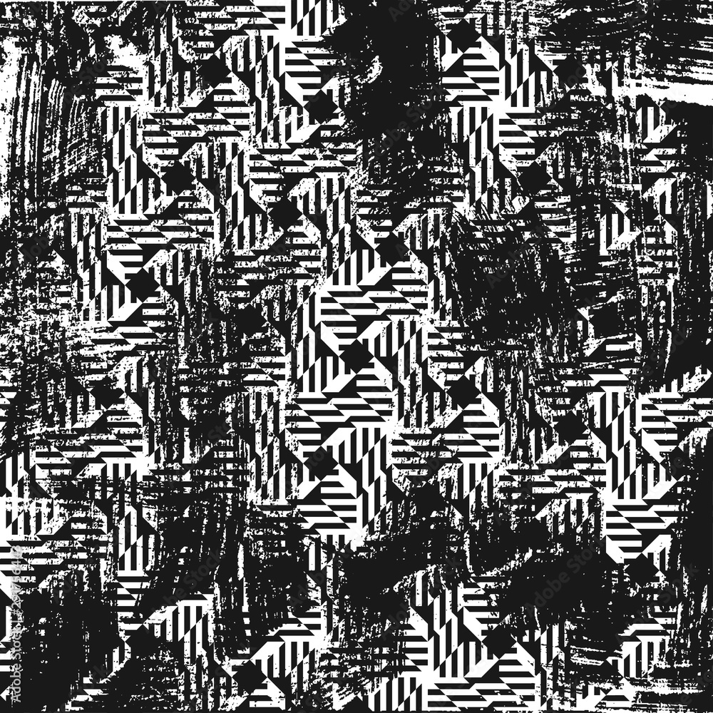 Grunge abstract geometric pattern with weaving. Square black and white backdrop.