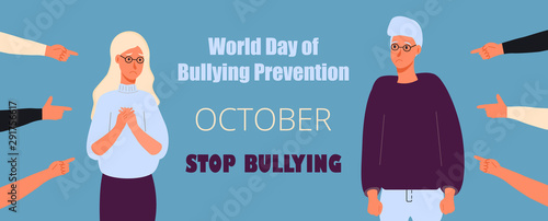 World day of Bullying Prevention in October. Victim scene in society. Stressed person in shame.