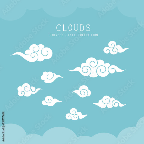 Oriental  curly clouds on blue background. Graphic ornaments. Vector collection.